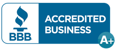 BBB Accredited Business logo with a flame icon and A+ rating.