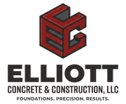 Red 3D E logo above “ELLIOTT Concrete & Construction, LLC” with tagline “Foundations. Precision. Results.”