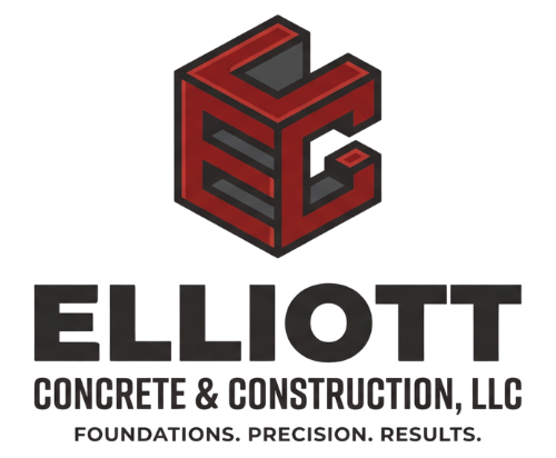 Red 3D E logo above “ELLIOTT Concrete & Construction, LLC” with tagline “Foundations. Precision. Results.”