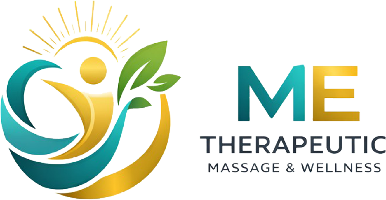 ME Therapeutic Massage & Wellness logo with teal, gold, and green abstract figure and leaf icon