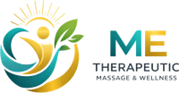 ME Therapeutic Massage & Wellness logo with teal, gold, and green abstract figure and leaf icon