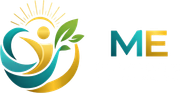 Stylized teal, gold, and green wellness logo with sun, leaf, and human figure, plus “ME” text