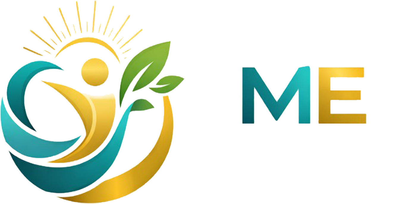 Stylized teal, gold, and green wellness logo with sun, leaf, and human figure, plus “ME” text