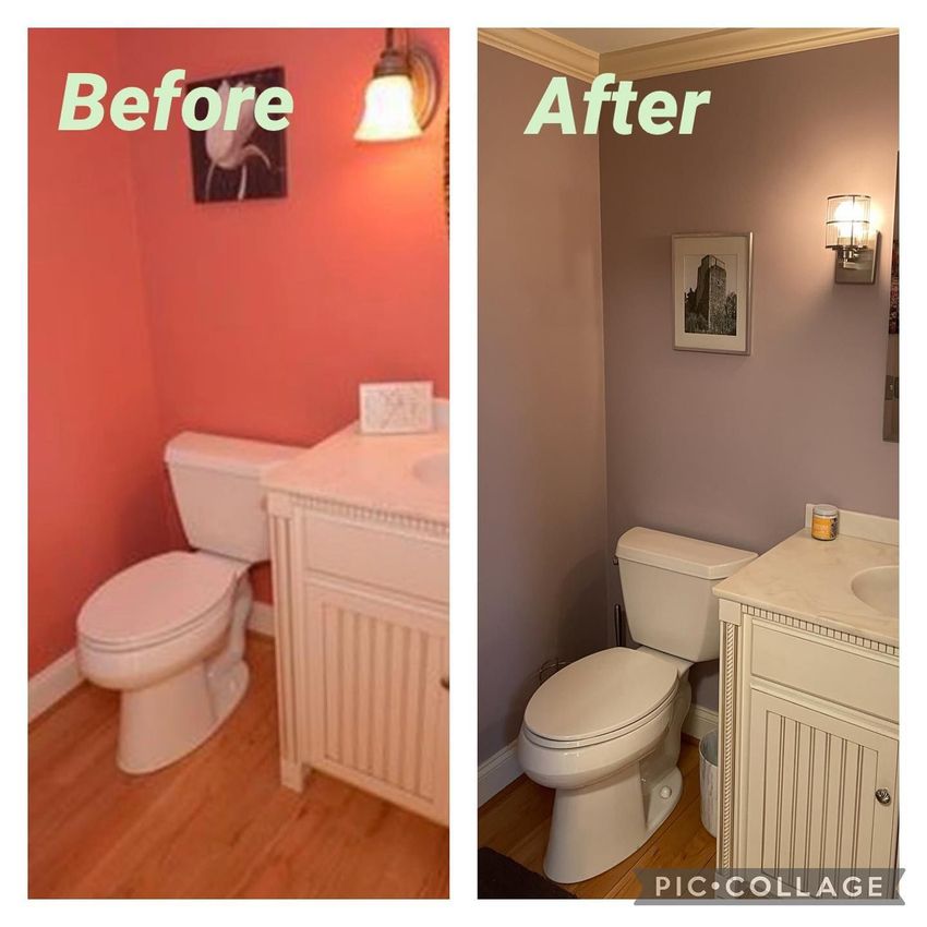 A before and after photo of a bathroom with pink walls