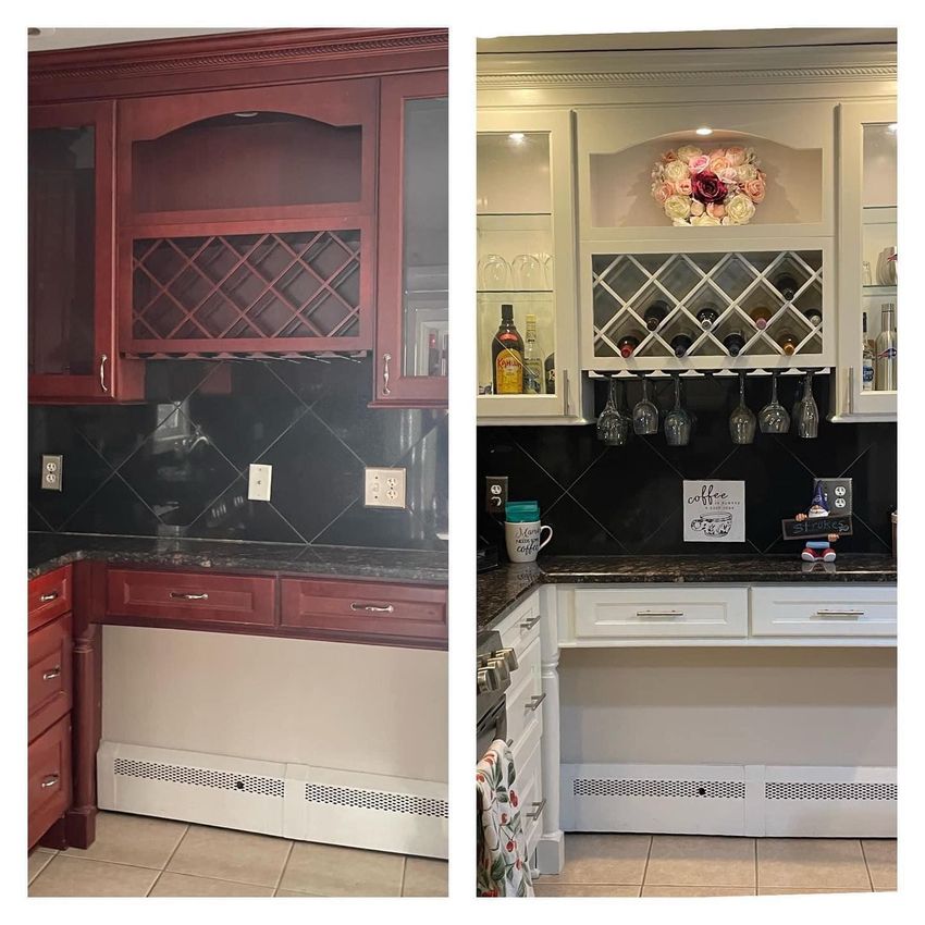 A before and after photo of a kitchen with a wine rack