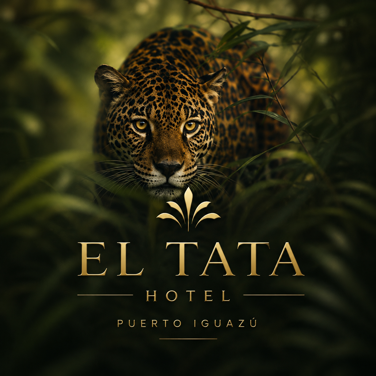 Leopard in lush greenery above El Tata Hotel Puerto Iguaz&uacute; logo