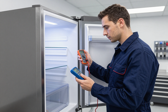 Un hombre con camisa azul marino prueba un frigorífico con un termómetro digital en un laboratorio