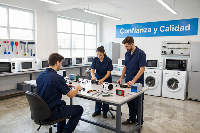 Tres técnicos probando dispositivos electrónicos en un laboratorio luminoso con un letrero que dice «Confianza y Calidad»