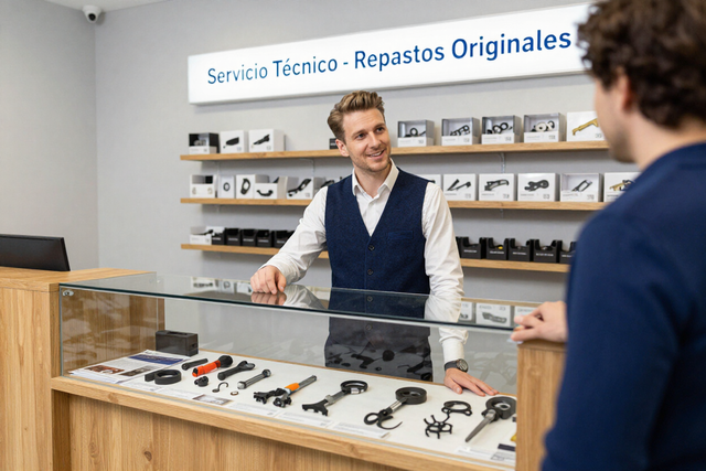 Un técnico atiende a un cliente en el mostrador de reparaciones, con relojes y piezas expuestos detrás de un cristal.