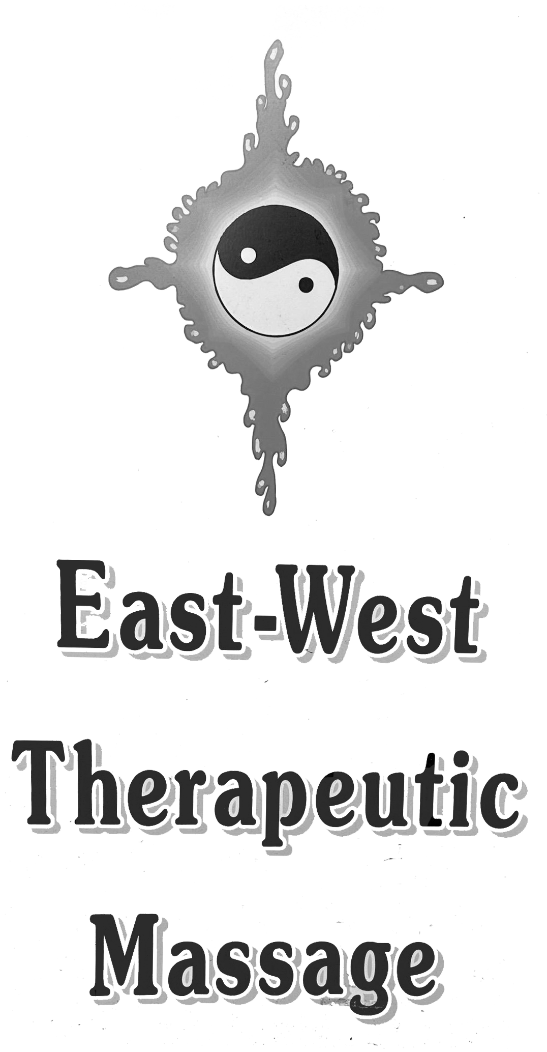 East-West Therapeutic Massage logo with yin-yang symbol and gray decorative cross design