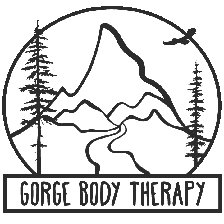 Black-and-white logo of mountains, trees, and a river with “Gorge Body Therapy” text.