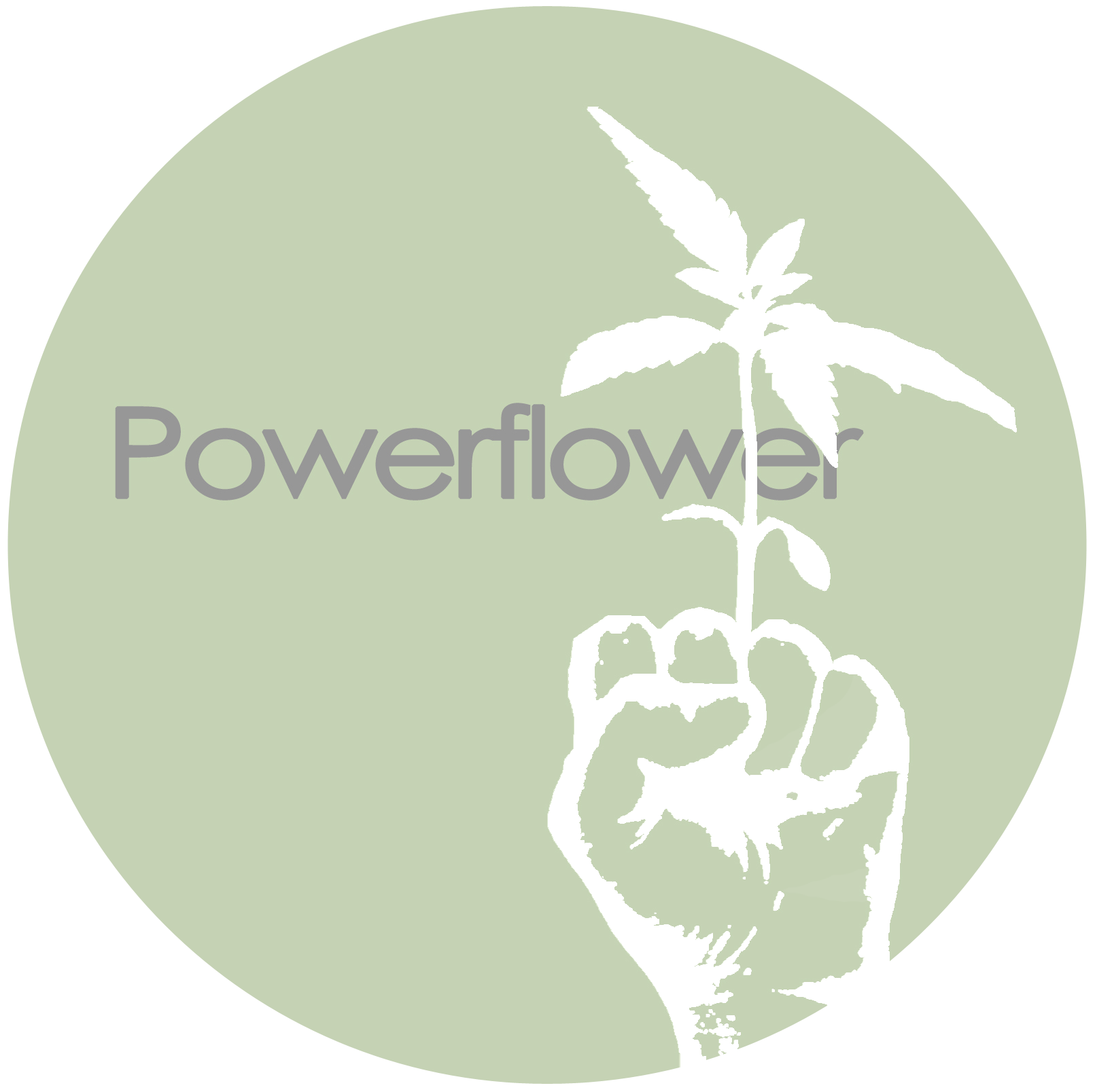 Powerflower logo: white hand holding a sprouting plant in a pale green circle