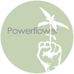 Powerflower logo with pale green circle, gray text, and a white hand holding a sprout