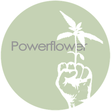 Powerflower logo with pale green circle, gray text, and a white hand holding a sprout