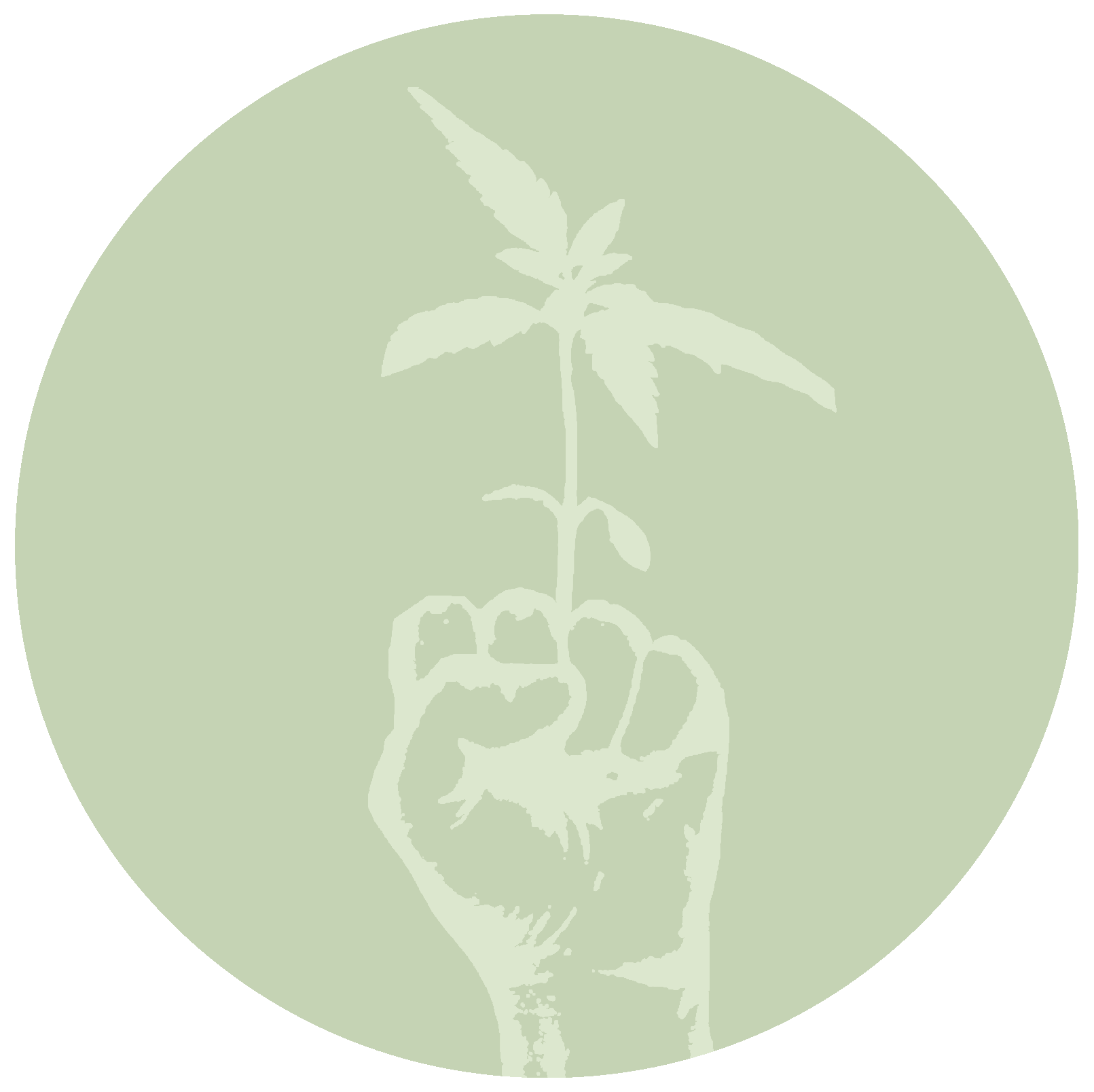Pale green icon of a raised fist holding a small plant seedling inside a circle.