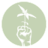 White hand holding a small green plant inside a pale green circle