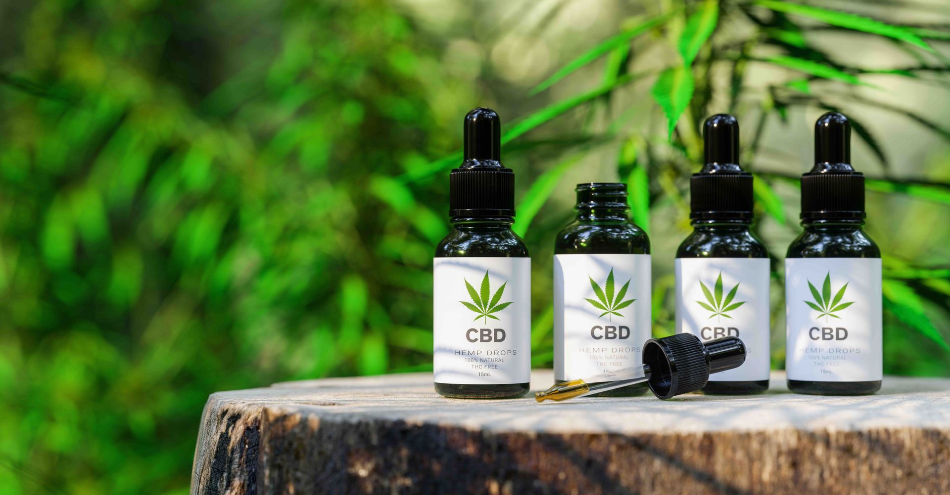 CBD dropper bottles on a tree stump with green foliage background