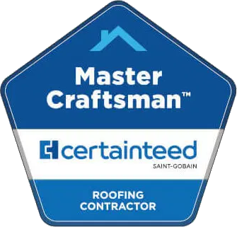 Blue and white CertainTeed Master Craftsman roofing contractor badge