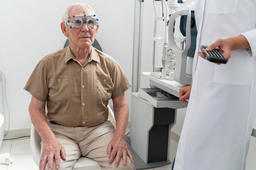 Hombre con gafas de examen de la vista en el consultorio de un médico, siendo examinado por un profesional médico.