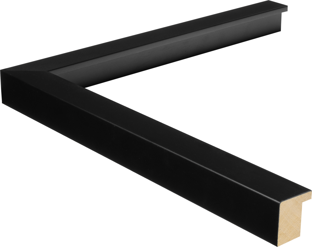 An L-shaped corner section of a black picture frame with a natural wood-toned inner edge.
