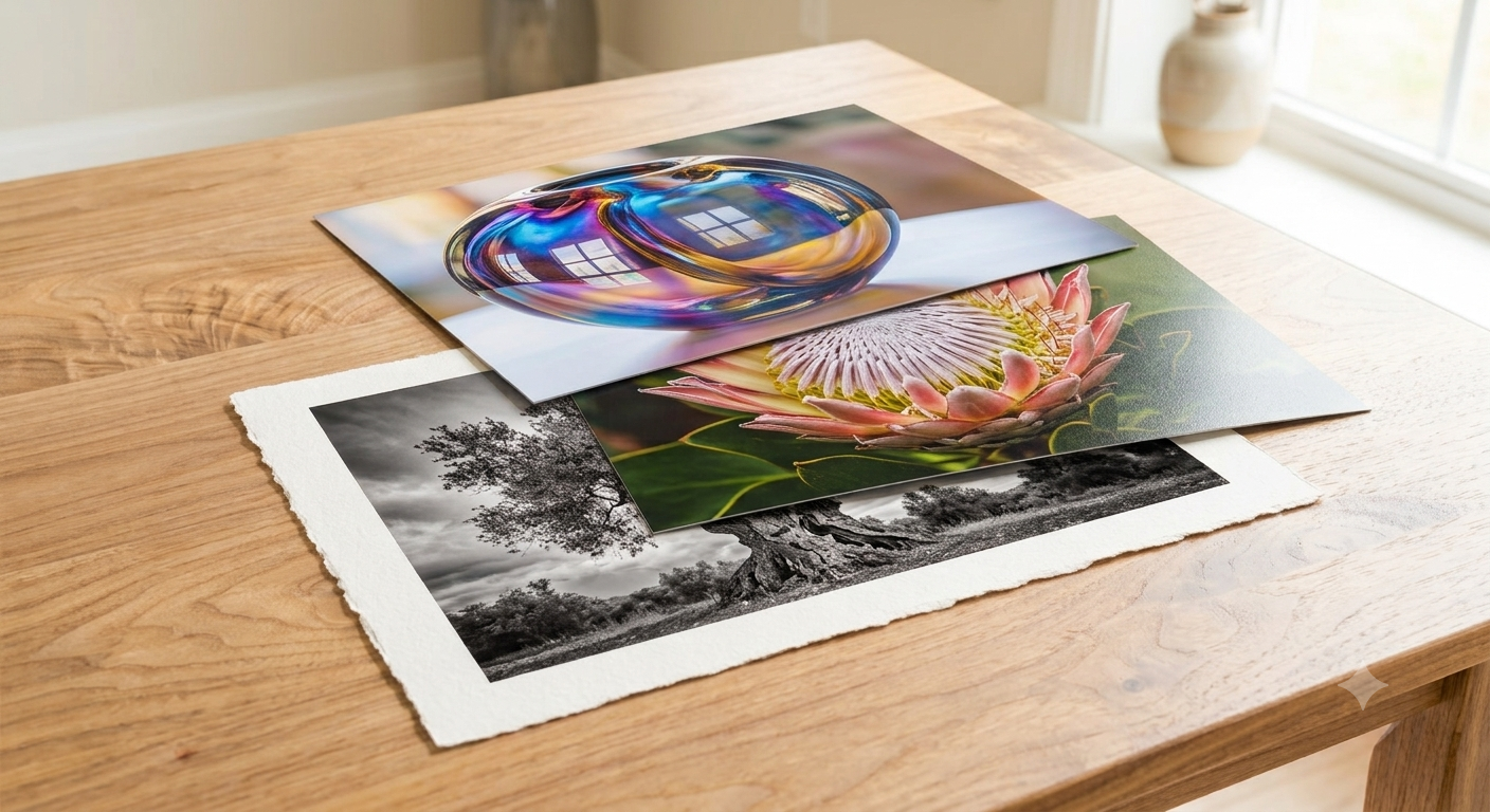 Detailed comparison shot of high-end glossy, luster, and fine art paper photo prints.