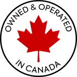 A circular emblem with a red maple leaf at the center and the text