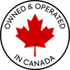 A circular emblem with a red maple leaf at the center and the text
