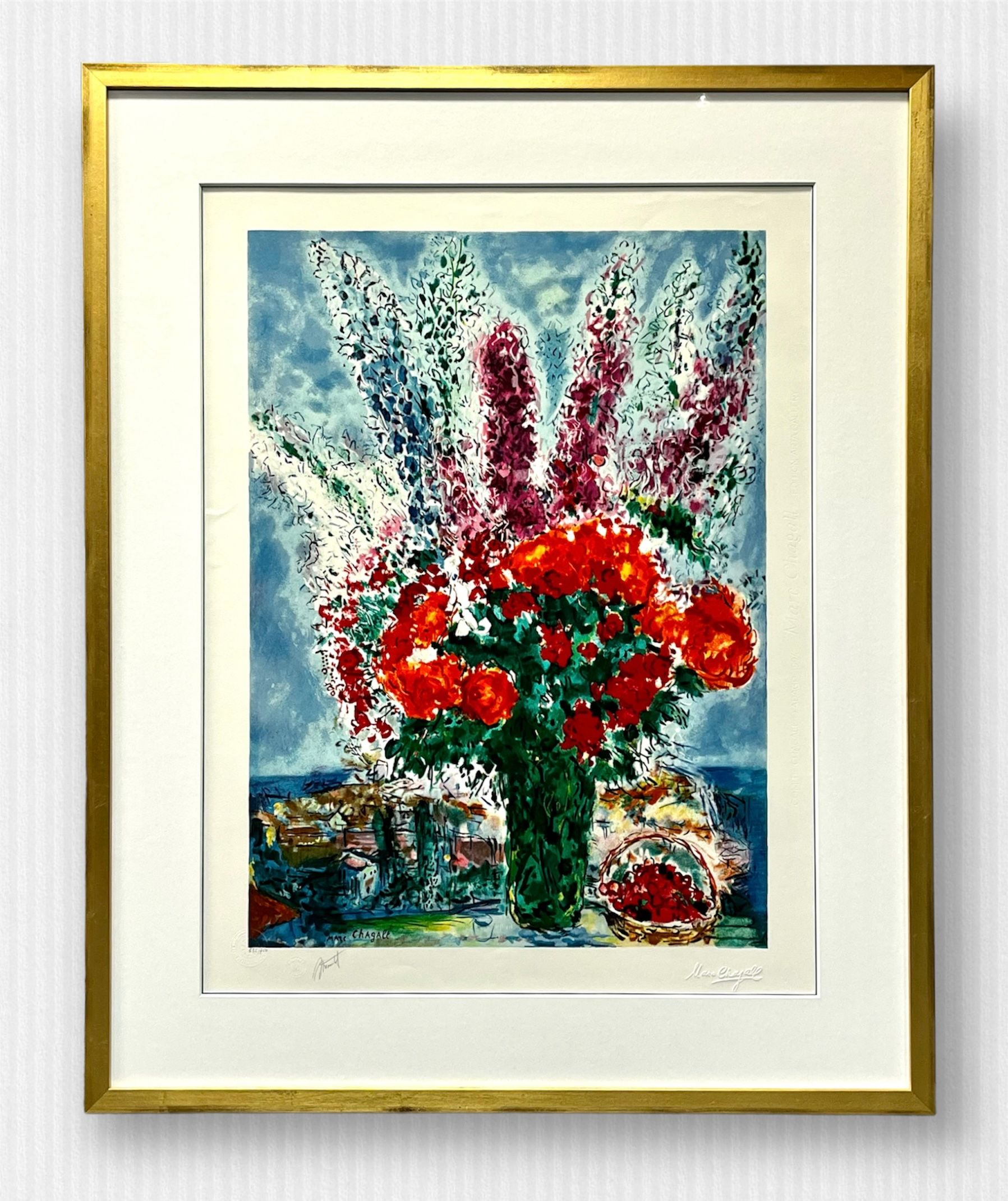 Framed expressionist painting of a vibrant bouquet of red and white flowers in a vase against a blue, textured background.