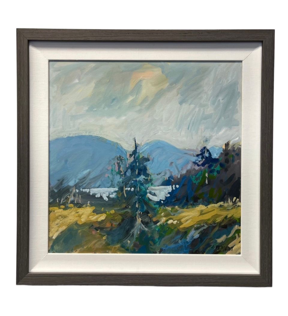 Impressionistic oil painting of a Canadian-style landscape with a lake, distant blue mountains, and pine trees.