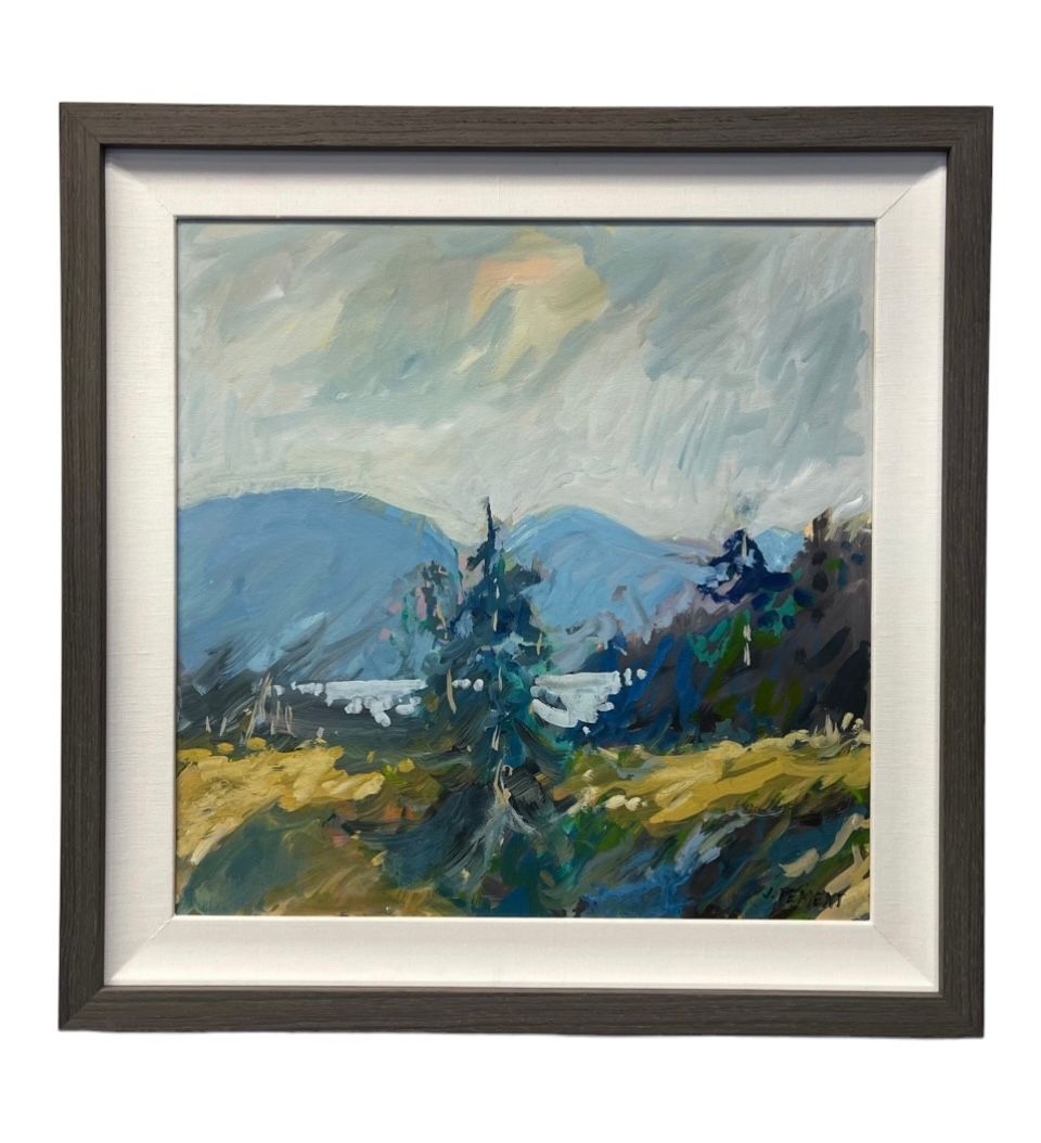 An impressionistic oil painting of a Canadian landscape featuring blue mountains, a lake, and a pine tree in a dark frame.