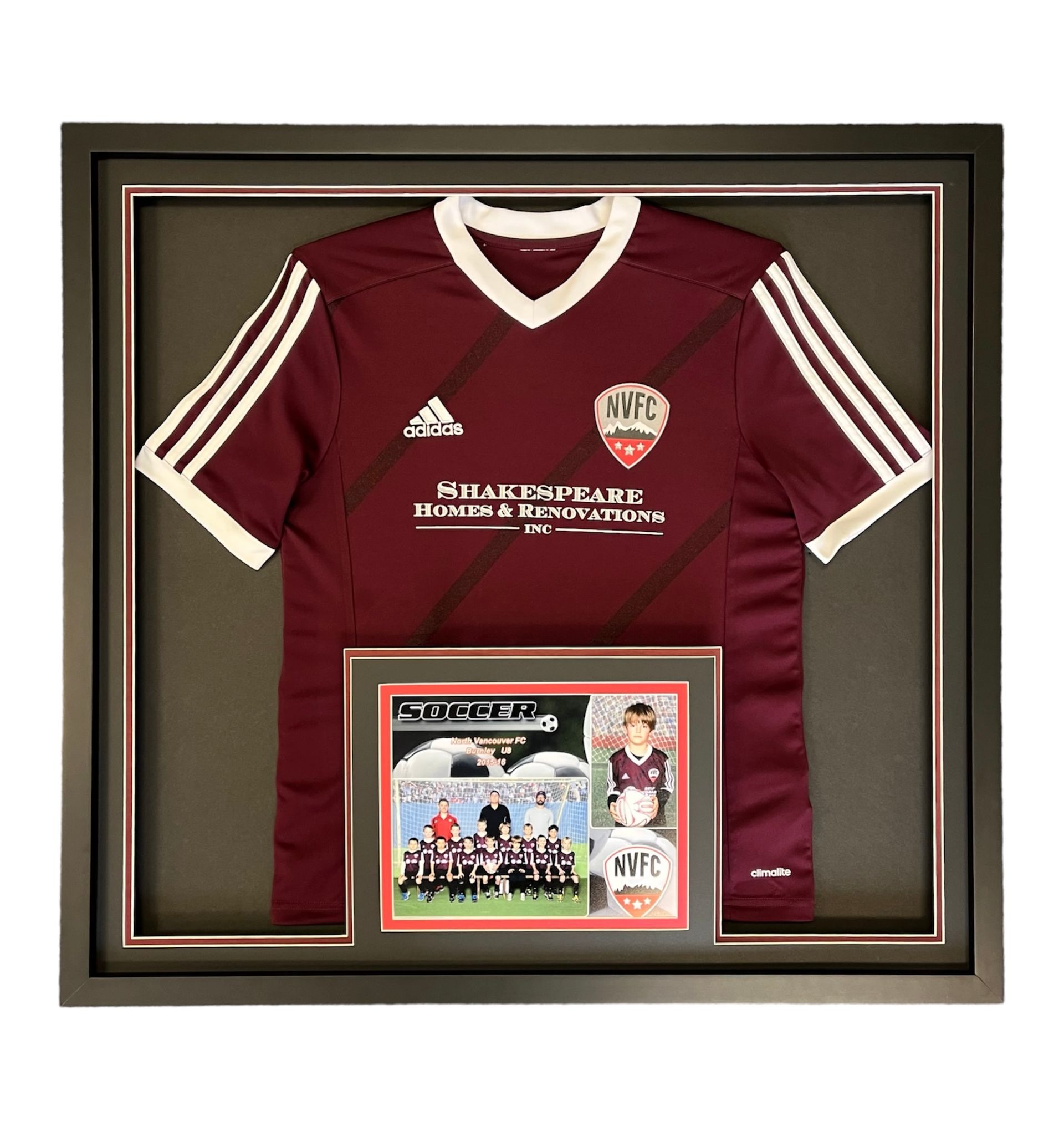 A framed maroon soccer jersey with white stripes and a team emblem, displayed above a collage of team photos.