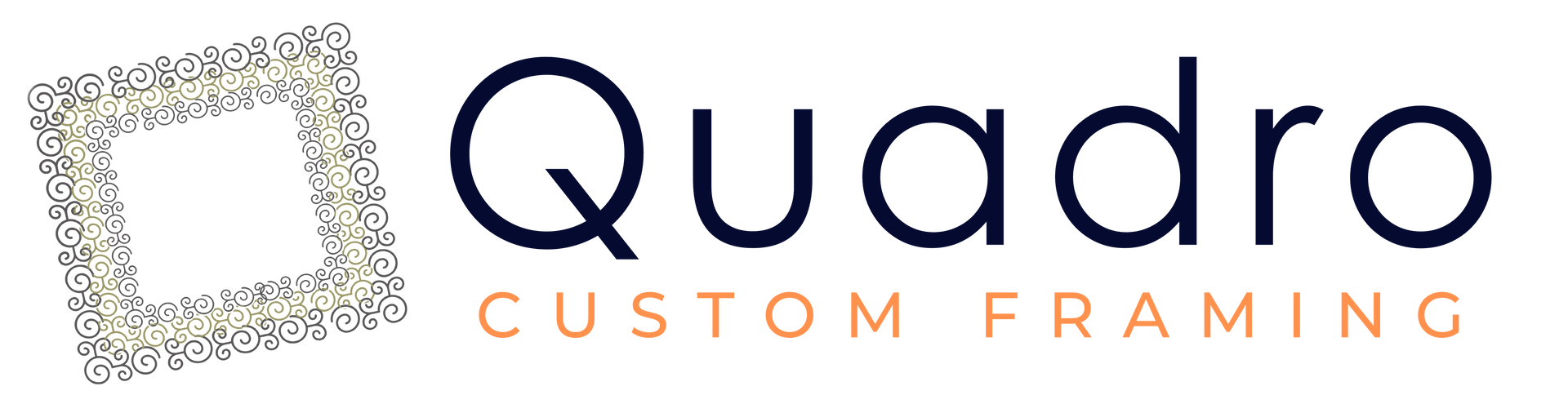Logo for Quadro Custom Framing, featuring a stylized square frame icon and the company name in navy and light brown text.
