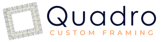 Logo for Quadro Custom Framing, featuring a stylized square frame icon and the company name in navy and light brown text.