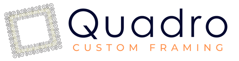 Logo for Quadro Custom Framing, featuring a stylized square frame icon and the company name in navy and light brown text.
