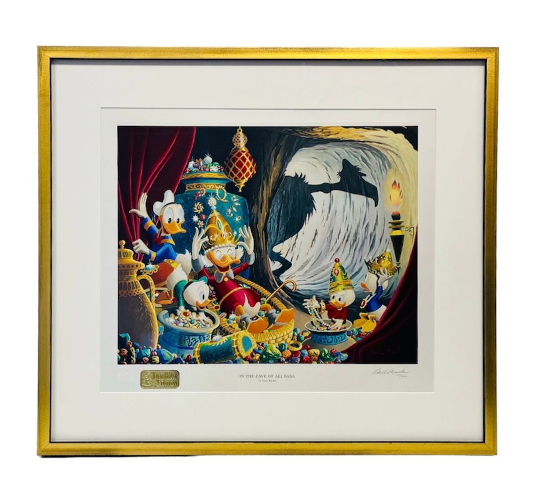 Framed Disney print of Donald Duck and his nephews playing inside a treasure-filled cave with golden coins and artifacts.