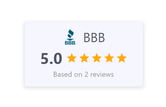 BBB rating card showing 5.0 stars out of 5 based on 2 reviews.