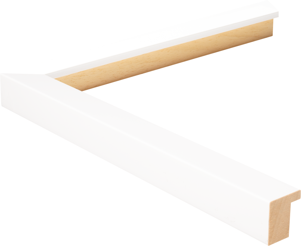 A white L-shaped picture frame corner piece with a natural wood-toned interior finish.