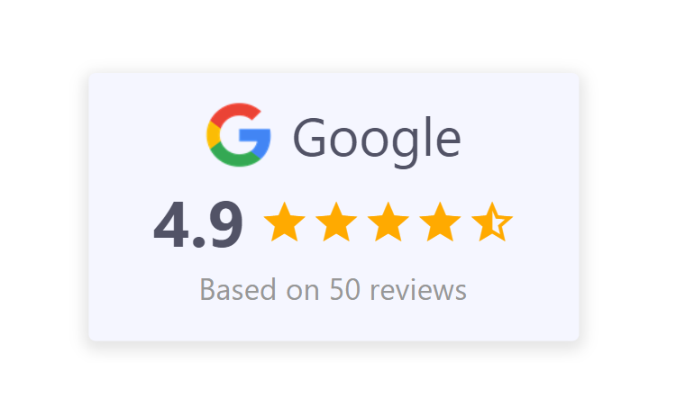Google rating badge showing a 4.9 star rating based on 50 reviews.