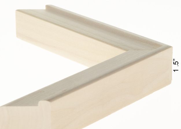 A light-colored wooden picture frame corner with a 1.5-inch thick profile, angled against a plain white background.