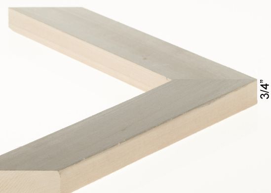 A corner sample of a wooden picture frame with a light grey finish and a 3/4-inch depth profile.