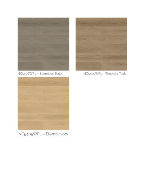 Three wood-look samples: Seamless Slate (gray), Timeless Teak (tan), and Eternal Ivory (light beige).