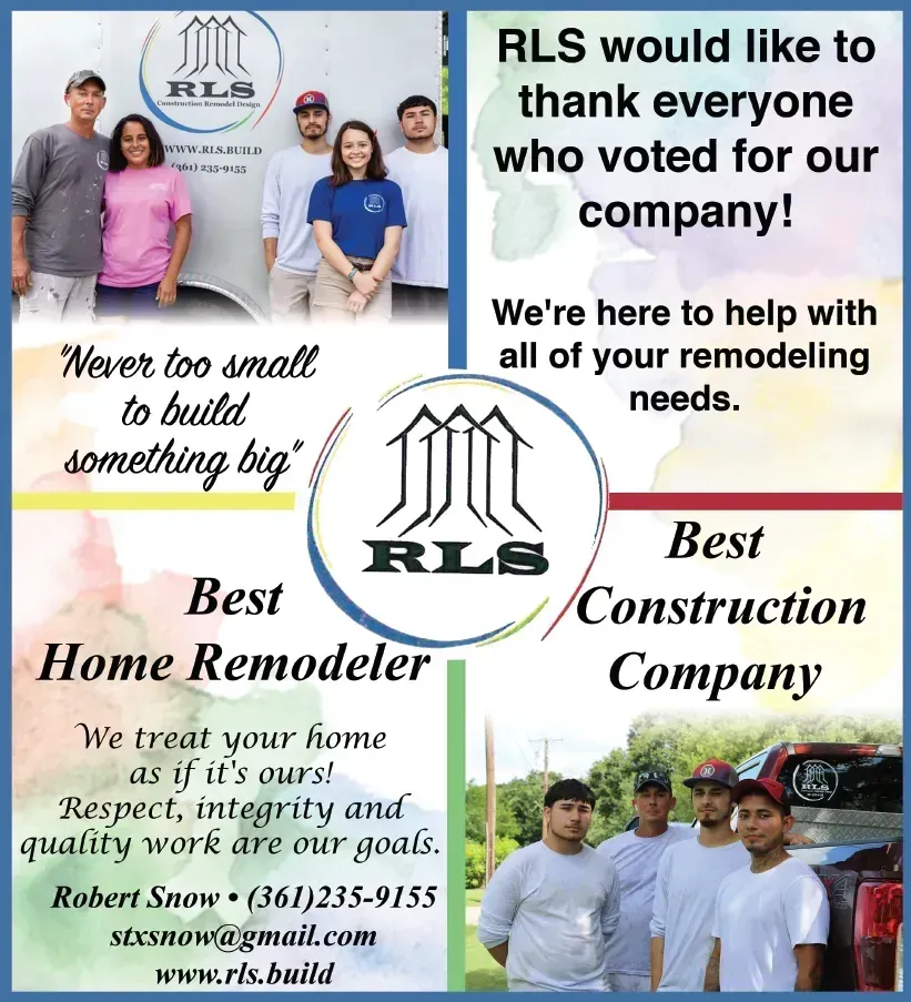 Advertisement for RLS, a construction company. Shows employees, logo, and thanks voters.