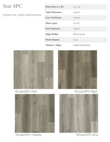 Star SPC flooring options: four wood-look planks in varying shades of gray, specifications listed at the top.