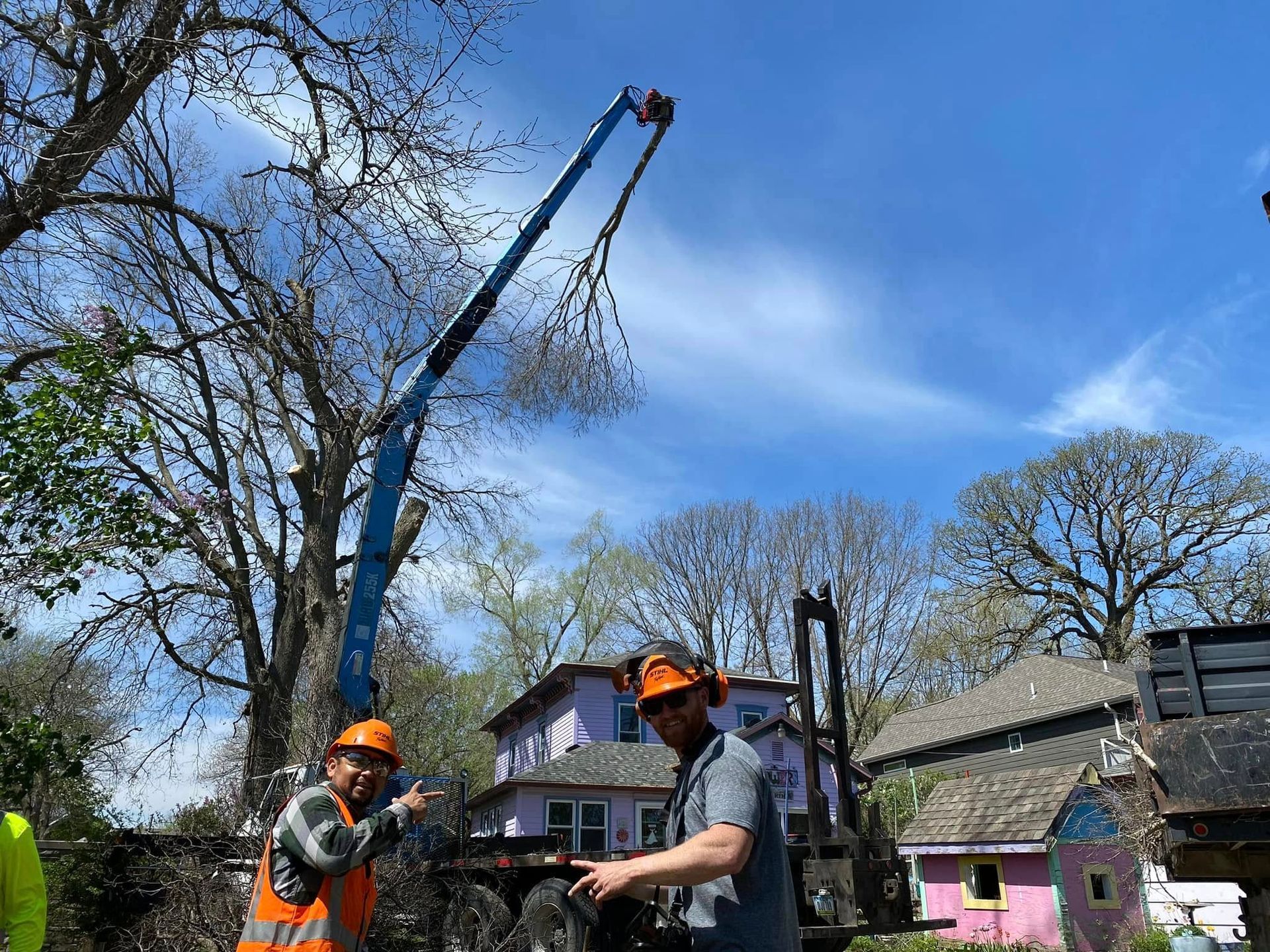 Two workers trimming a tree with a blue lift, wearing orange vests and hard hats, near a pink house under a blue sky.