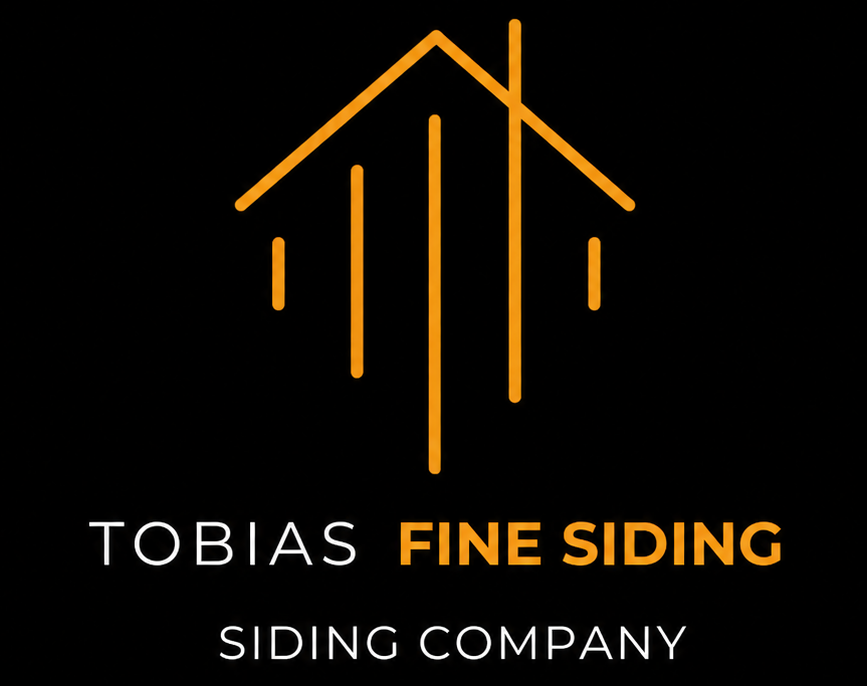 Tobias Fine Siding logo with gold roof and siding icon and gray-orange text