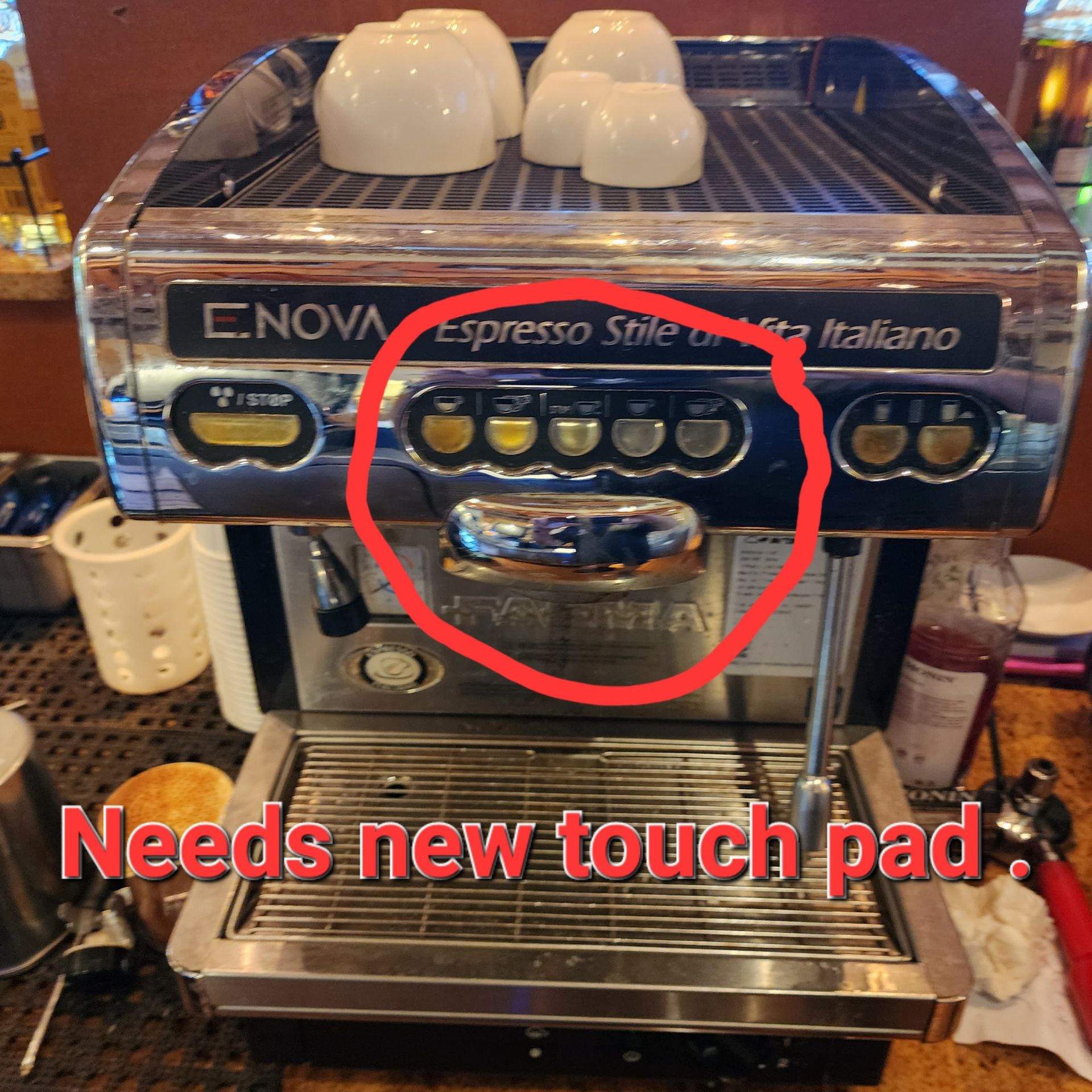 Espresso machine with damaged touch pad circled in red, captioned “Needs new touch pad.”
