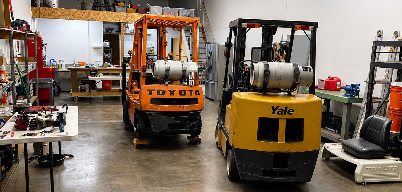 Three forklifts parked in a workshop: orange Toyota, yellow Yale, and a partially visible white one