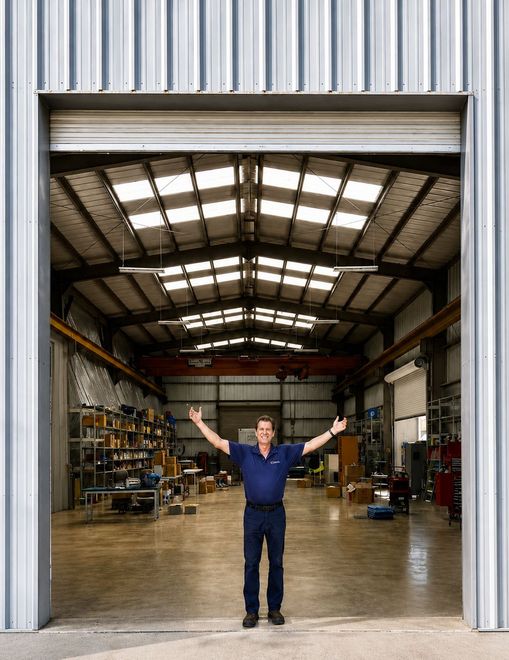 Man standing with arms raised in a warehouse doorway, with shelves and industrial equipment inside.
