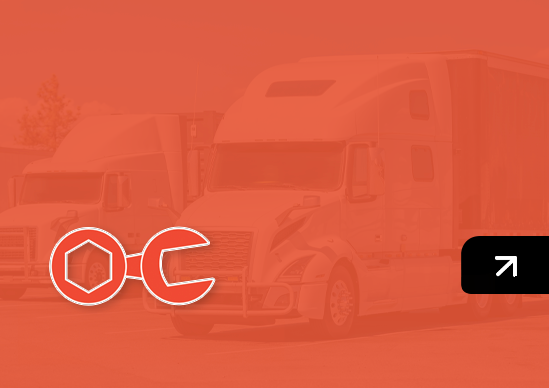 Orange-tinted scene of parked semi trucks with a black OC logo at bottom left and an arrow button at bottom right