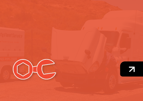 Orange-tinted semi-truck on a road with an OC logo and arrow icons overlayed
